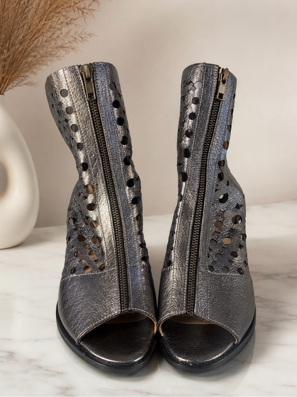 Metallic Silver Open-Toe Zip Ankle Booties for Women